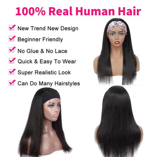 Headband Straight Human Hair Wigs Natural Color Wig No GLUE Easy Wear