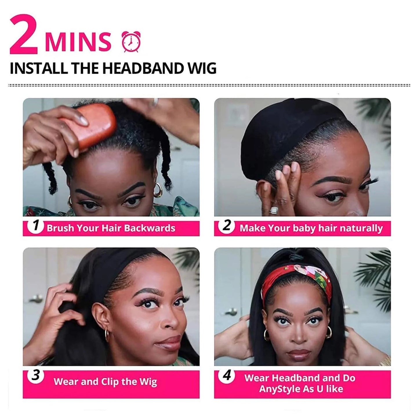 Headband Straight Human Hair Wigs Natural Color Wig No GLUE Easy Wear