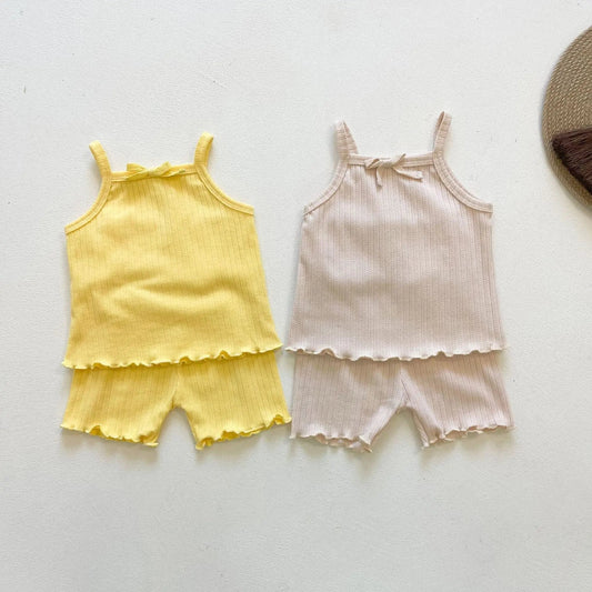 Baby Girl Ribbed Knit Lettuce Trim Design Sling Tops & Shorts Sets - Lady B united KingdomLady B united KingdomLady B united KingdomLady B united Kingdom