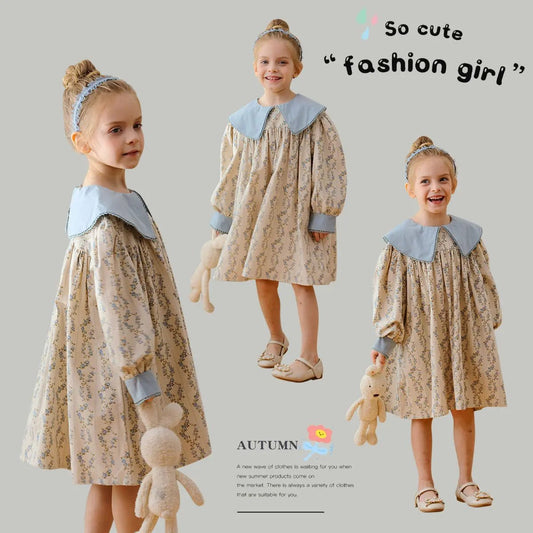 French Style Autumn Girls Floral Argyle Pattern Long Sleeves Dress - Lady B united KingdomLady B united KingdomLady B united KingdomLady B united Kingdom